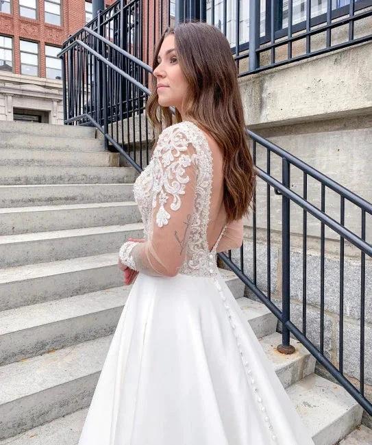 Romantic Soft Lace Wedding Dress Long Sleeves Aline Bridal Dress with V-Neck - Image 2