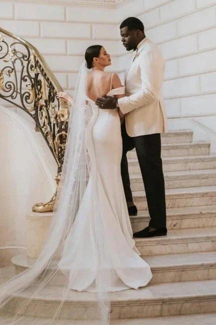 Romantic spaghetti straps cap sleeves mermaid satin Wedding dress - Image 4