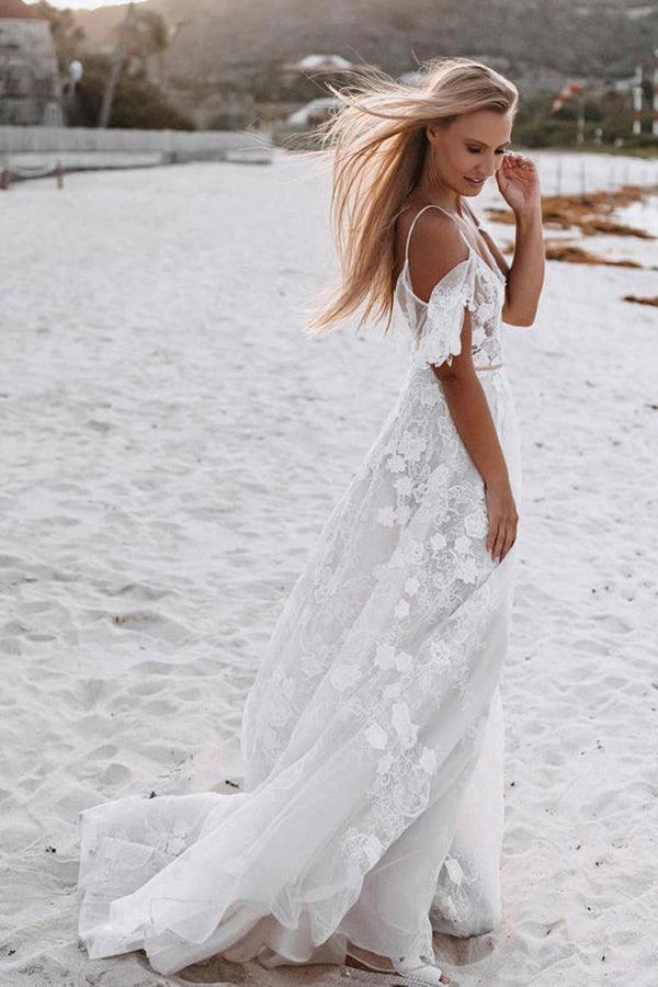 Romantic Spaghetti Straps Floral Lace Beach Wedding Dresses WD591 - Image 2