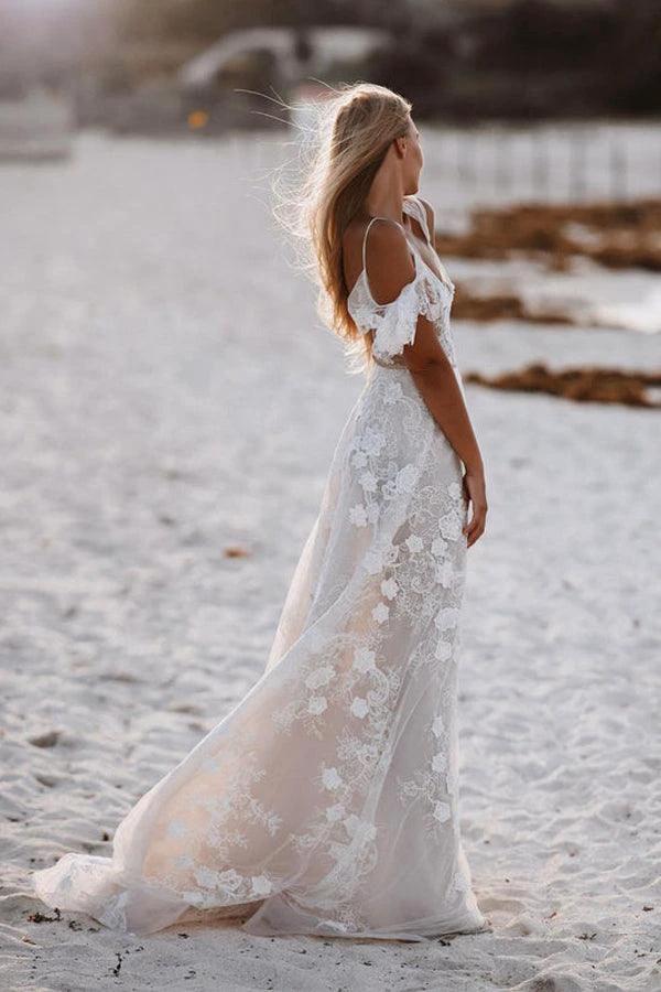 Romantic Spaghetti Straps Floral Lace Beach Wedding Dresses WD591 - Image 3
