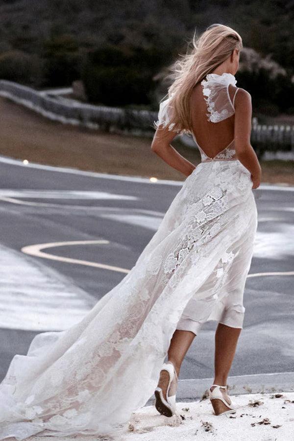Romantic Spaghetti Straps Floral Lace Beach Wedding Dresses WD591 - Image 4