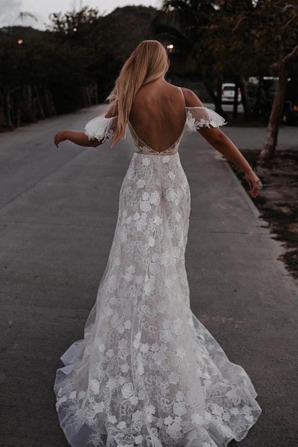 Romantic Spaghetti Straps Floral Lace Beach Wedding Dresses WD591 - Image 5