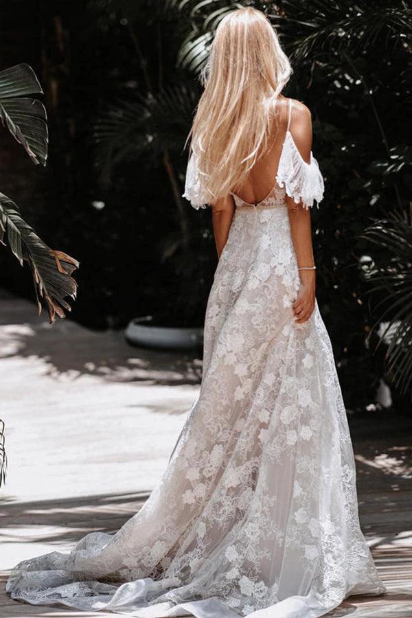 Romantic Spaghetti Straps Floral Lace Beach Wedding Dresses WD591 - Image 6