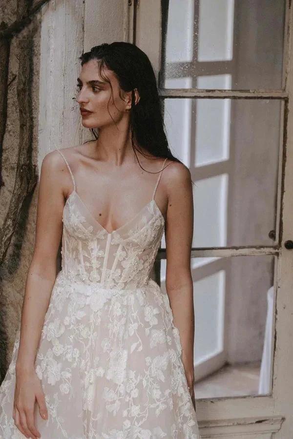Romantic Straps V-neck Lace Appliques Bohemian Wedding Gown WD685 - Image 3