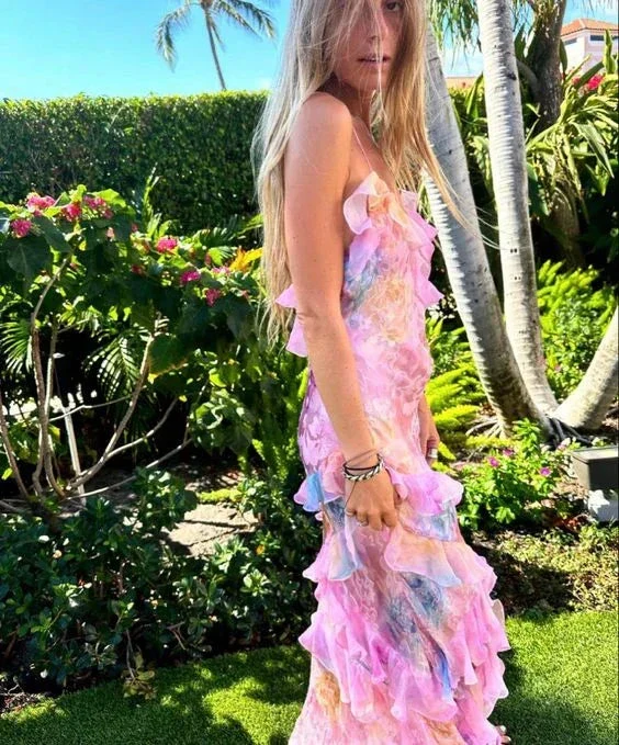 Romantic Spaghetti Straps V Neck Chiffon Print Prom Dress,Charming Evening Dress Y2306 - Image 2