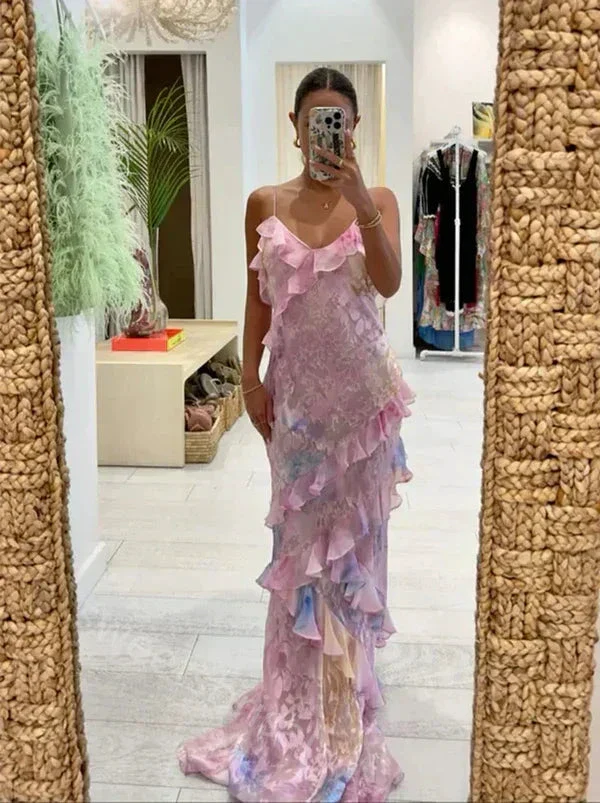 Romantic Spaghetti Straps V Neck Chiffon Print Prom Dress,Charming Evening Dress Y2306 - Image 6