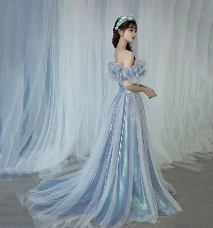 Romantic tulle long A line prom dress blue evening gown Y6572 - Image 2