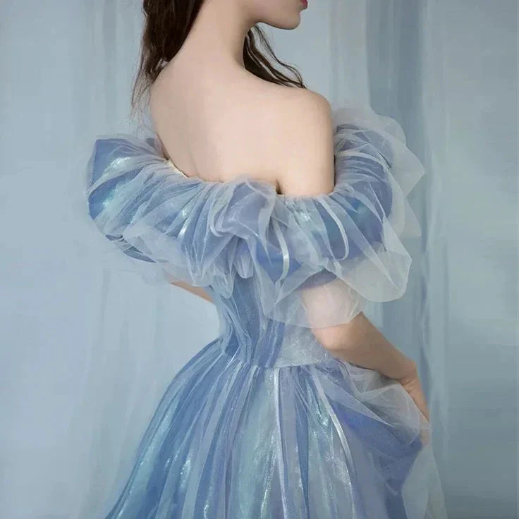 Romantic tulle long A line prom dress blue evening gown Y6572 - Image 3