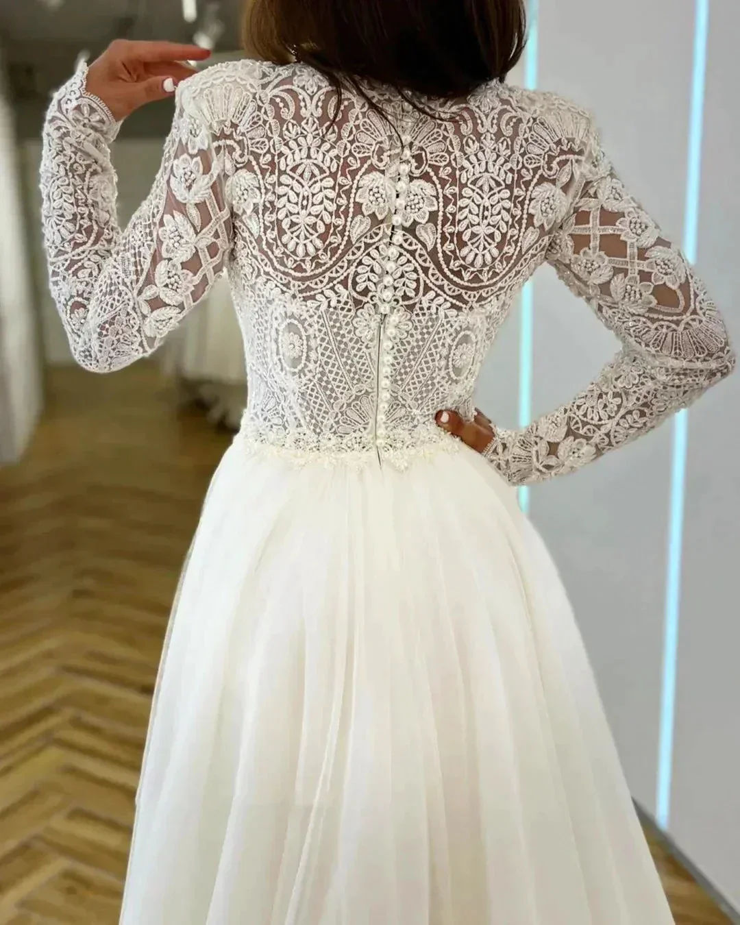 Romantic Wedding Dresses Mermaid High Neck Long Sleeves Exquisite Lace Appliques Princess Style Beach Mopping Bride Gowns - Image 3