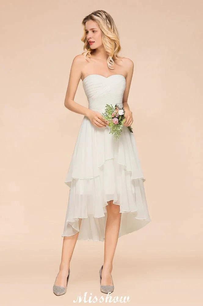 Romantic White/Ivory Sweetheart Hi-Lo Bridesmaid Dress Sleeveless Beach Wedding Guest Dress - Image 3