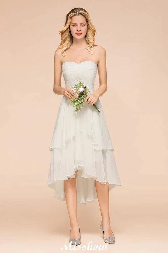 Romantic White/Ivory Sweetheart Hi-Lo Bridesmaid Dress Sleeveless Beach Wedding Guest Dress - Image 4