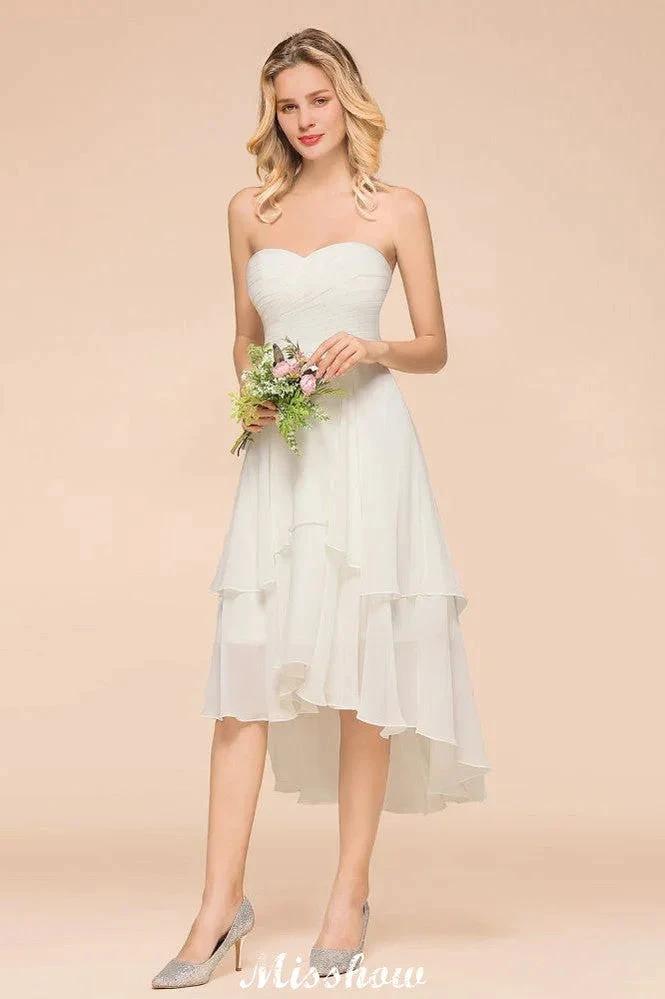 Romantic White/Ivory Sweetheart Hi-Lo Bridesmaid Dress Sleeveless Beach Wedding Guest Dress - Image 6