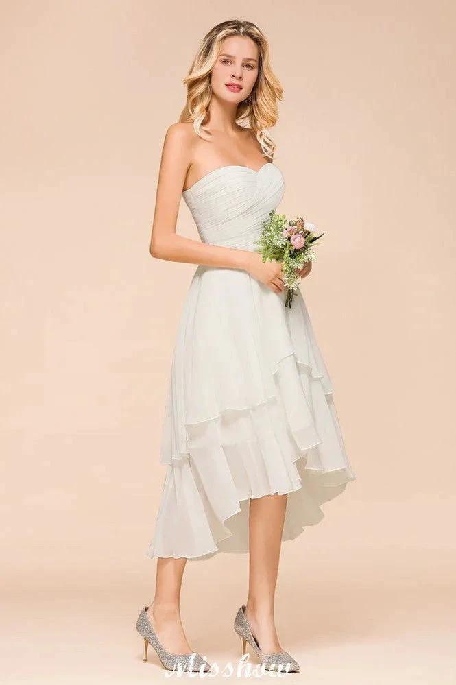 Romantic White/Ivory Sweetheart Hi-Lo Bridesmaid Dress Sleeveless Beach Wedding Guest Dress - Image 7