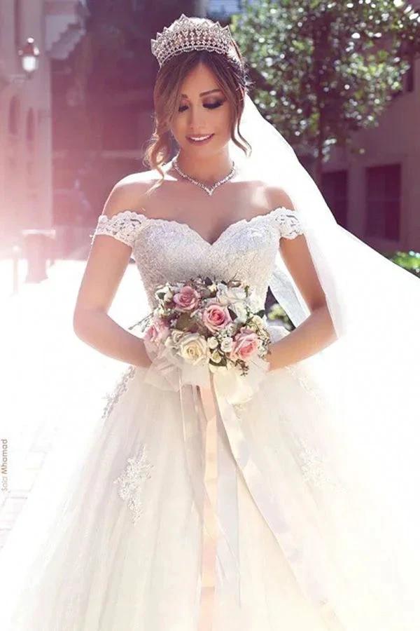 Romantic White Long A-line Off The Shoulder Sweetheart Wedding Dresses With Lace - Image 3