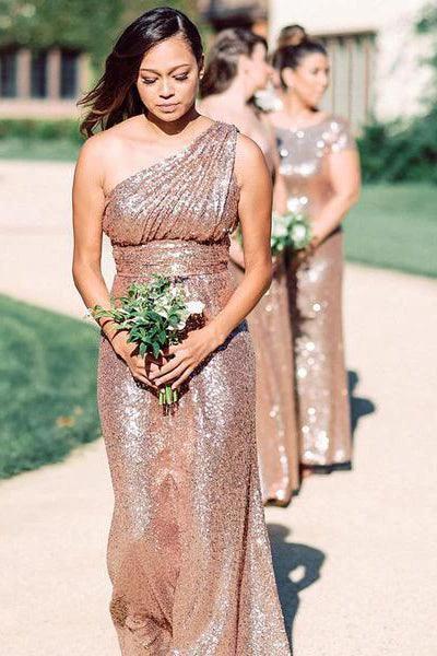 Rose Gold Sparkly Bridesmaid Dresses Sequins Lace One Shoulder  BD096 - Image 2