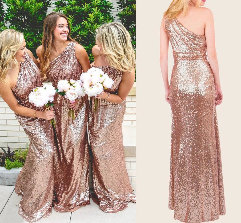 Rose Gold Sparkly Bridesmaid Dresses Sequins Lace One Shoulder  BD096 - Image 3