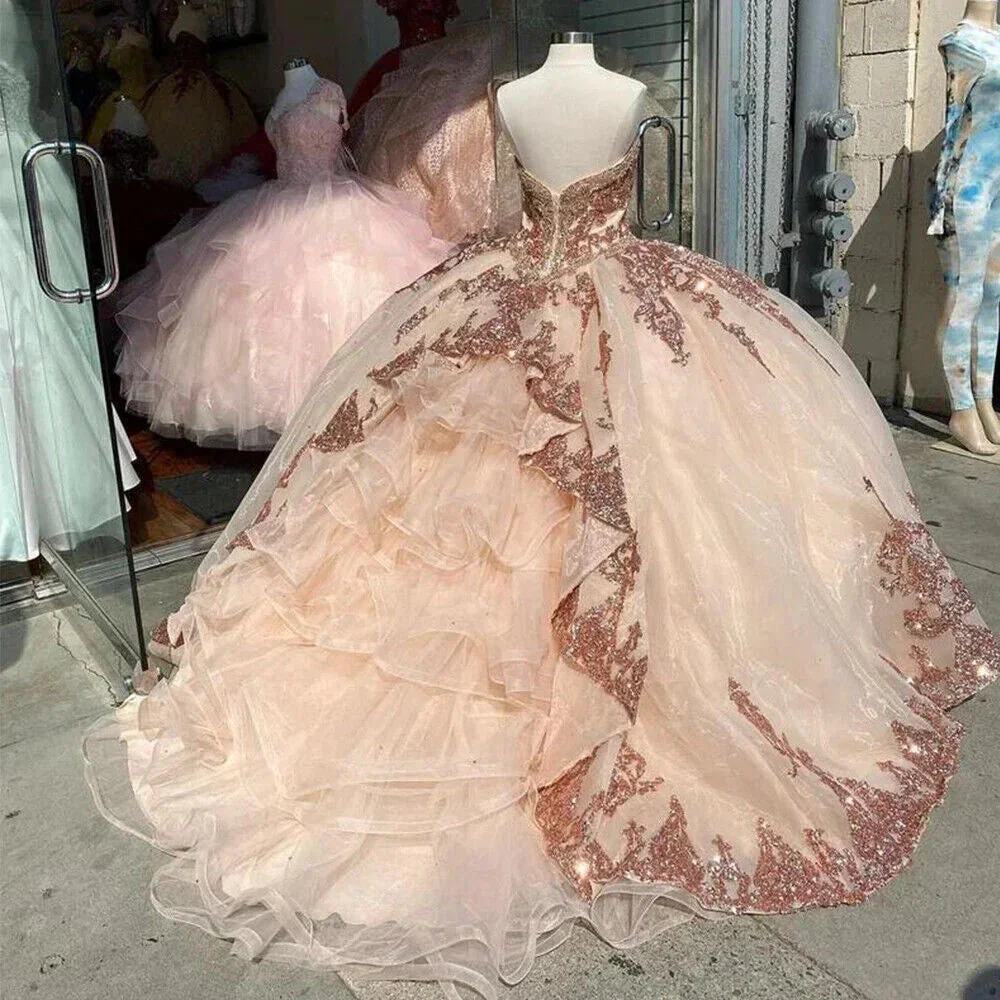 Rose Gold Sweet 16 Quinceanera Dresses Sequins Appliques Sweetheart Ball Gowns Y401 - Image 2