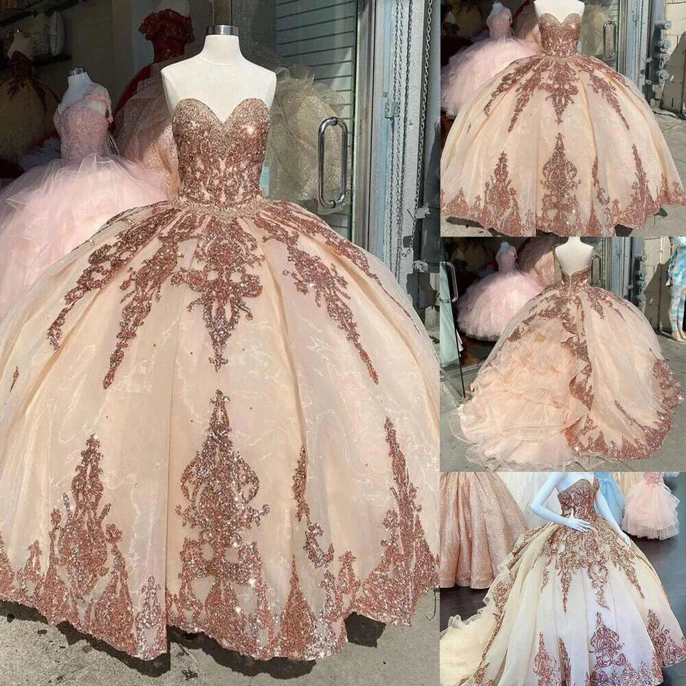 Rose Gold Sweet 16 Quinceanera Dresses Sequins Appliques Sweetheart Ball Gowns Y401 - Image 3