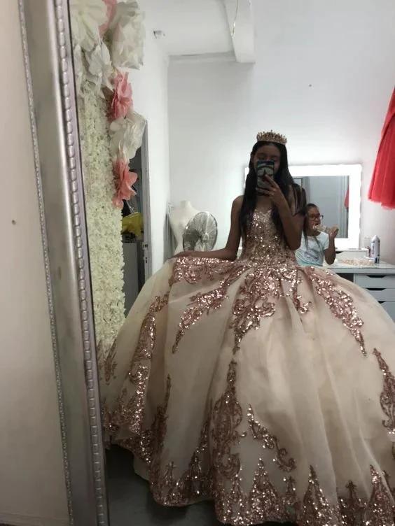 Rose Gold Sweetheart Puffy Princess Ball Gown Sweet 16 Dress Beaded Applique Quinceanera Dresses Y827 - Image 3