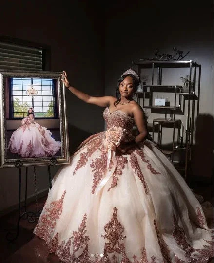 Rose Gold Sweetheart Puffy Princess Ball Gown Sweet 16 Dress Beaded Applique Quinceanera Dresses Y827 - Image 4
