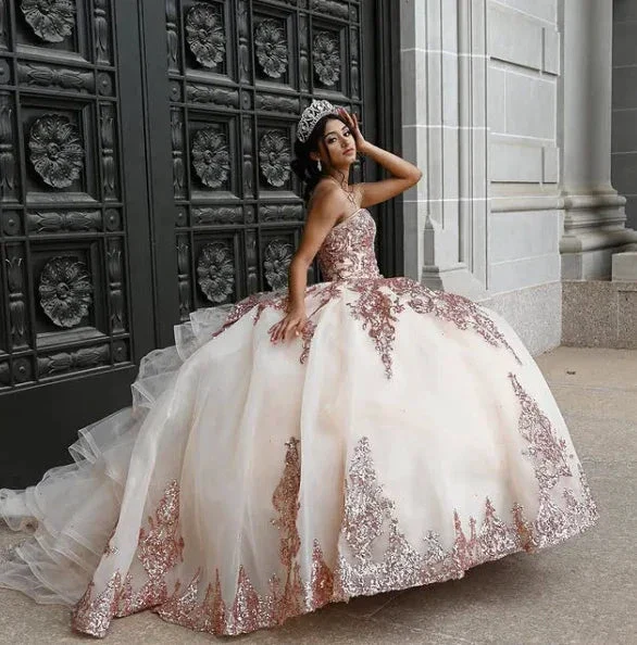 Rose Gold Sweetheart Puffy Princess Ball Gown Sweet 16 Dress Beaded Applique Quinceanera Dresses Y827 - Image 6