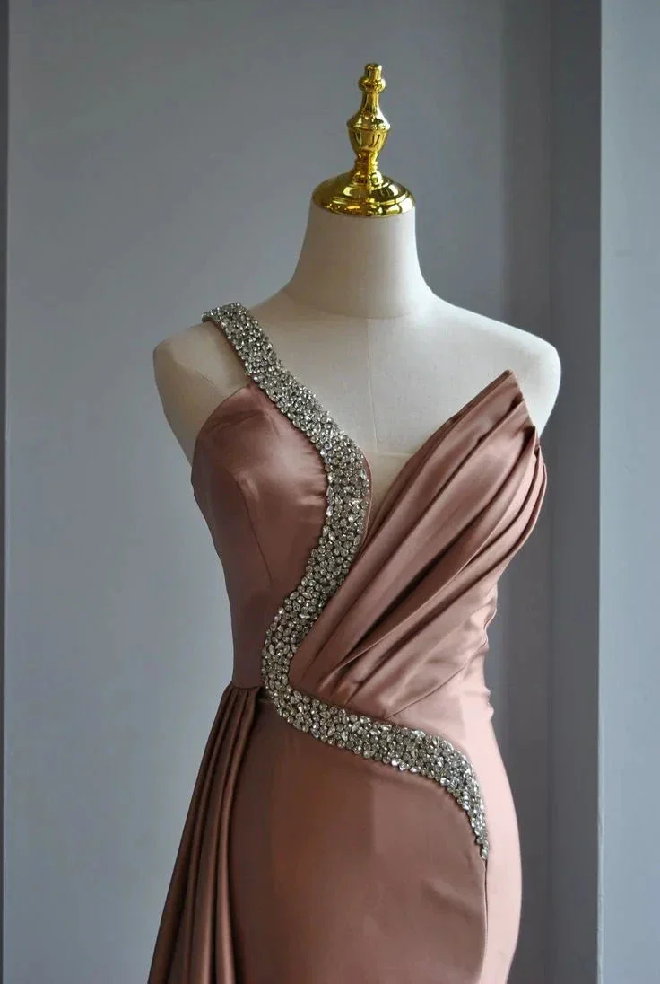 Rose Pink Crystal Beaded Evening Dress One Shoulder Satin Mermaid Long Prom Dress Y8519 - Image 2