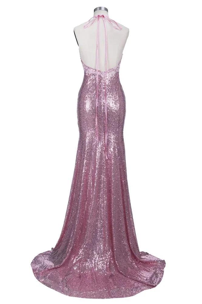 Rose Pink Sequins Mermaid Long Spaghetti Straps V-neck Prom Dresses - Image 2