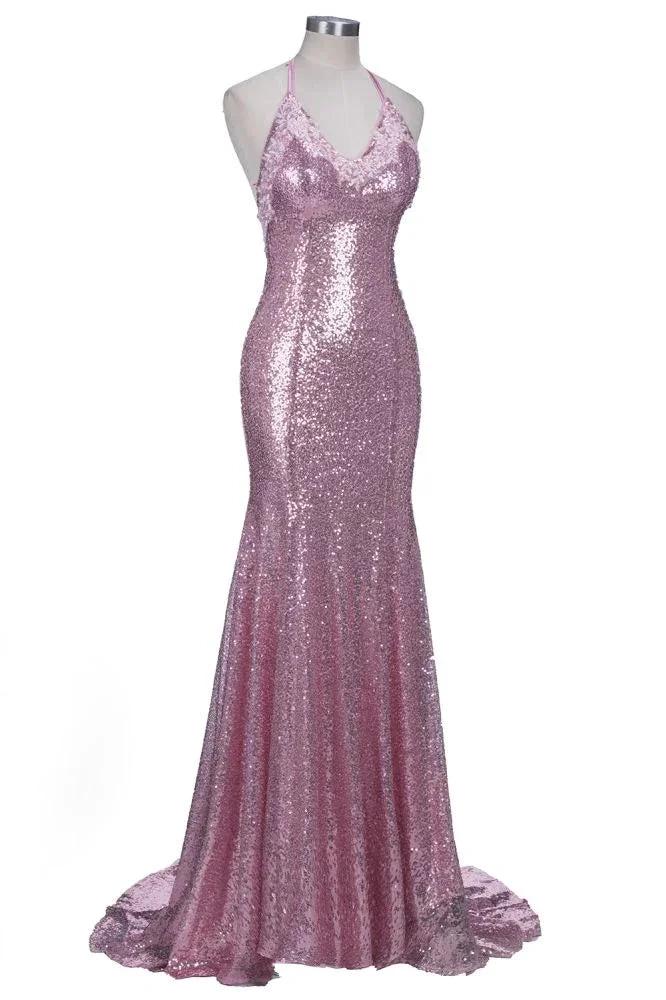 Rose Pink Sequins Mermaid Long Spaghetti Straps V-neck Prom Dresses - Image 3