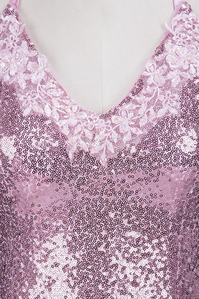 Rose Pink Sequins Mermaid Long Spaghetti Straps V-neck Prom Dresses - Image 5