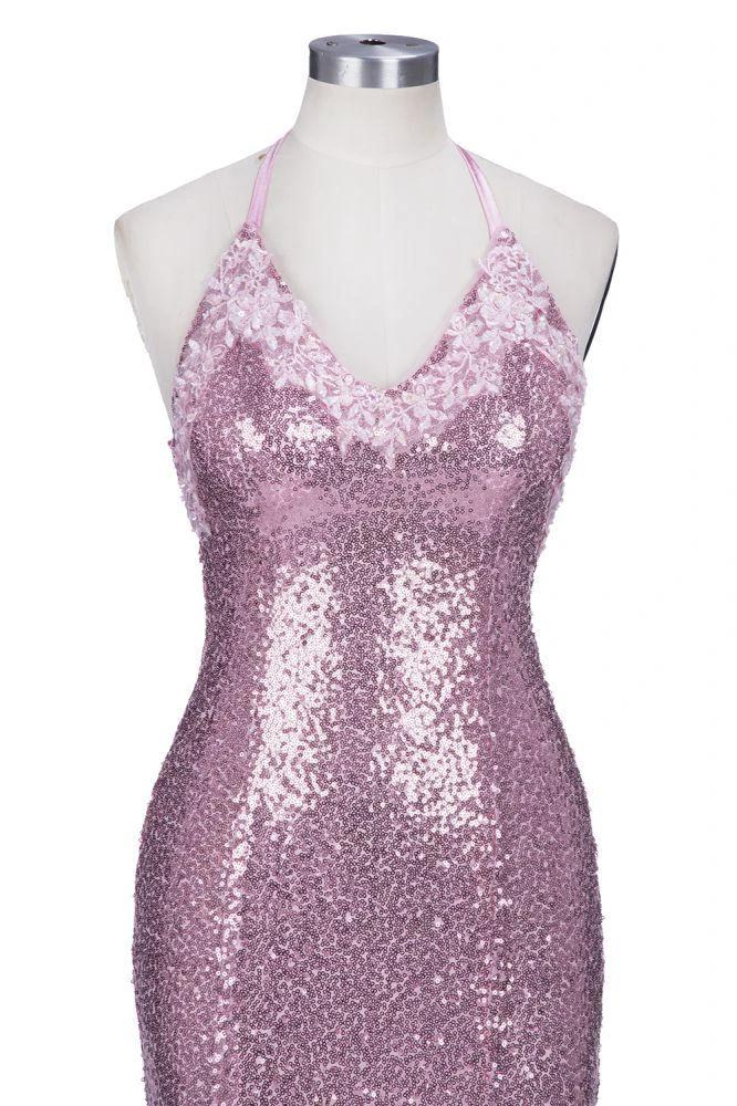 Rose Pink Sequins Mermaid Long Spaghetti Straps V-neck Prom Dresses - Image 6