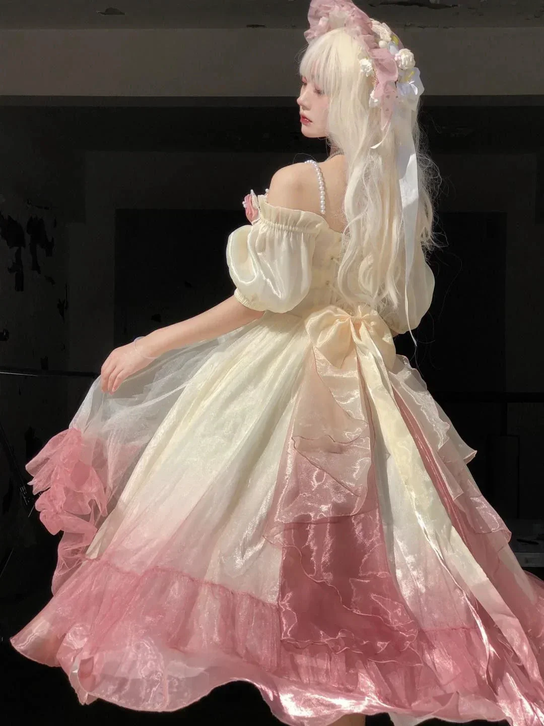 Roses Flowers Masquerade Prom Dress Champagne Pink Gradient Floral Wedding Dress Vintage Princess Dress with Pearls Y2401 - Image 2