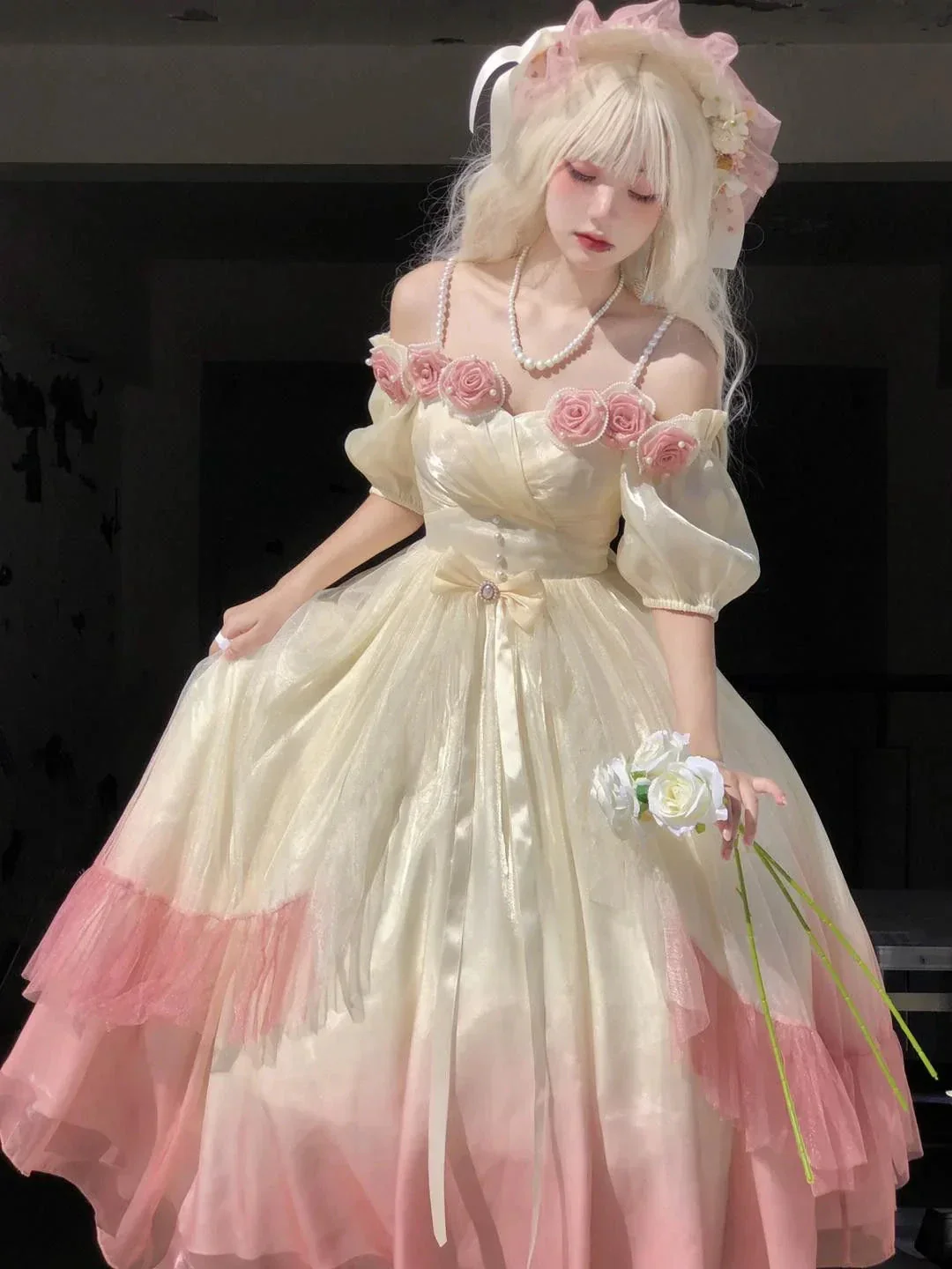 Roses Flowers Masquerade Prom Dress Champagne Pink Gradient Floral Wedding Dress Vintage Princess Dress with Pearls Y2401 - Image 3