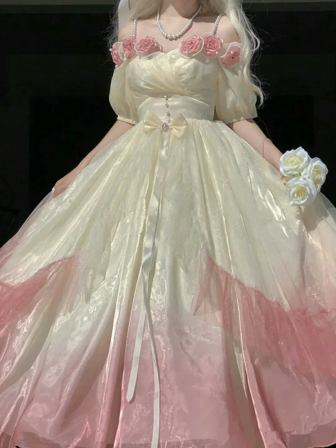 Roses Flowers Masquerade Prom Dress Champagne Pink Gradient Floral Wedding Dress Vintage Princess Dress with Pearls Y2401 - Image 4