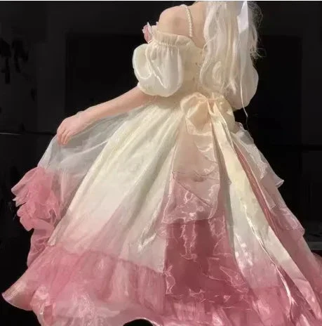 Roses Flowers Masquerade Prom Dress Champagne Pink Gradient Floral Wedding Dress Vintage Princess Dress with Pearls Y2401 - Image 5