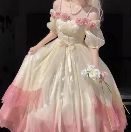 Roses Flowers Masquerade Prom Dress Champagne Pink Gradient Floral Wedding Dress Vintage Princess Dress with Pearls Y2401 - Image 6