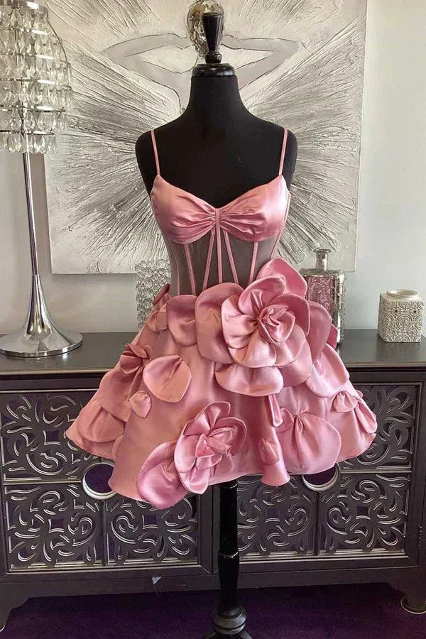 Rosette Straps Pink Corset Homecoming Dress Short Prom Dress PD515 - Image 2