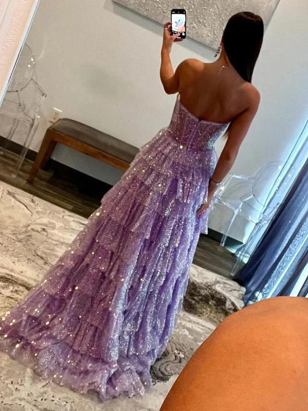 Rosina | Lavender A-Line Sweetheart Sequins Long Prom Dresses With Split - Image 2