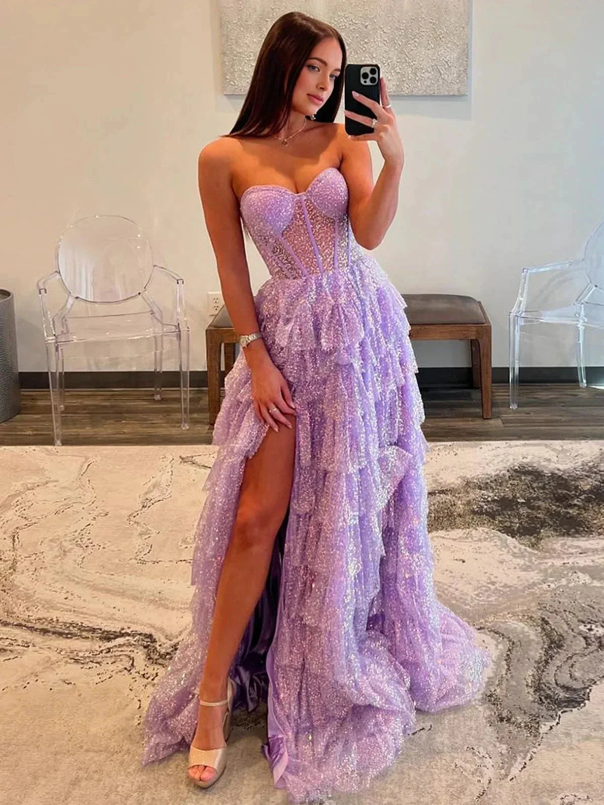 Rosina | Lavender A-Line Sweetheart Sequins Long Prom Dresses With Split - Image 3
