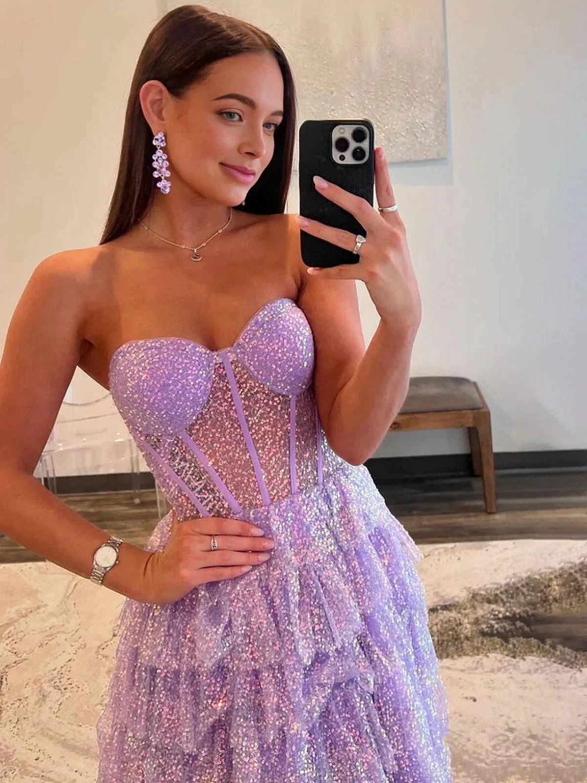 Rosina | Lavender A-Line Sweetheart Sequins Long Prom Dresses With Split - Image 4