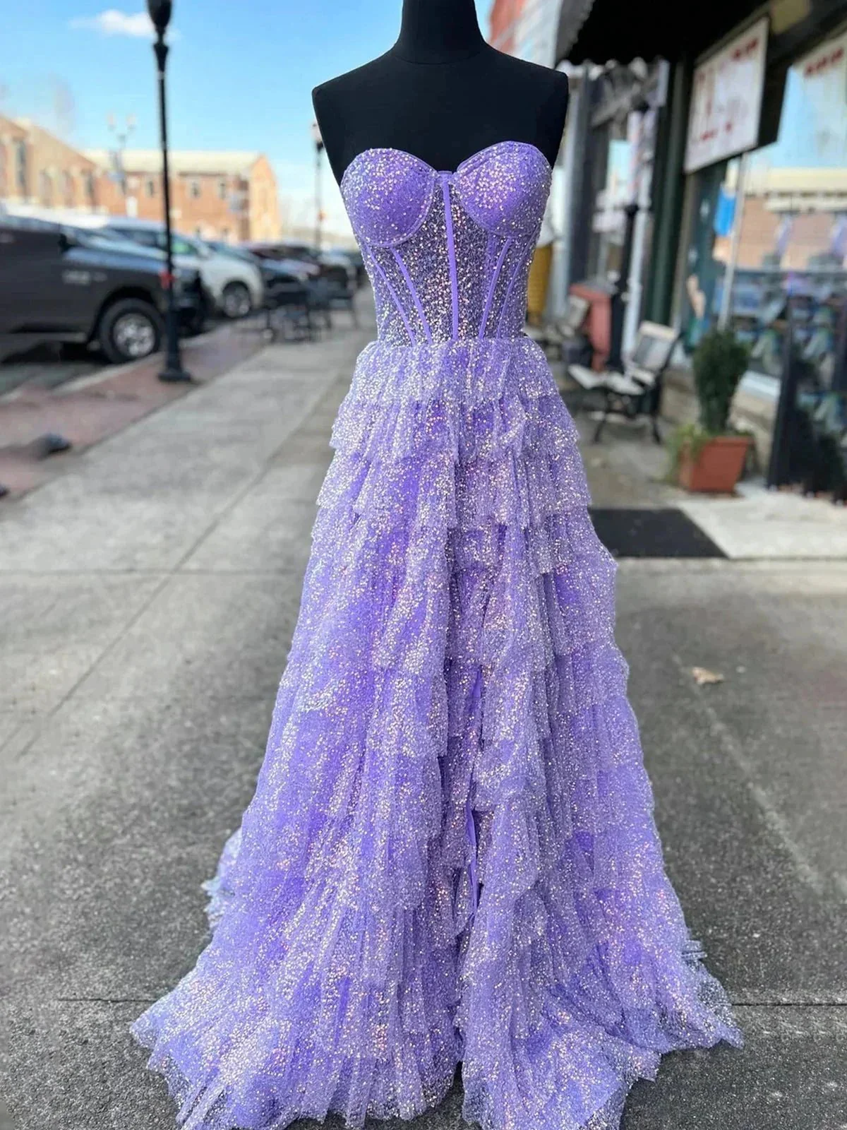 Rosina | Lavender A-Line Sweetheart Sequins Long Prom Dresses With Split - Image 5