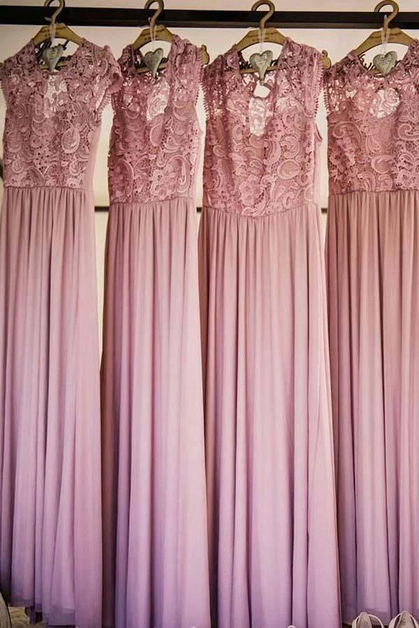 Round Neck Cap Sleeves  Chiffon Bridesmaid Dress with Lace BD050 - Image 2