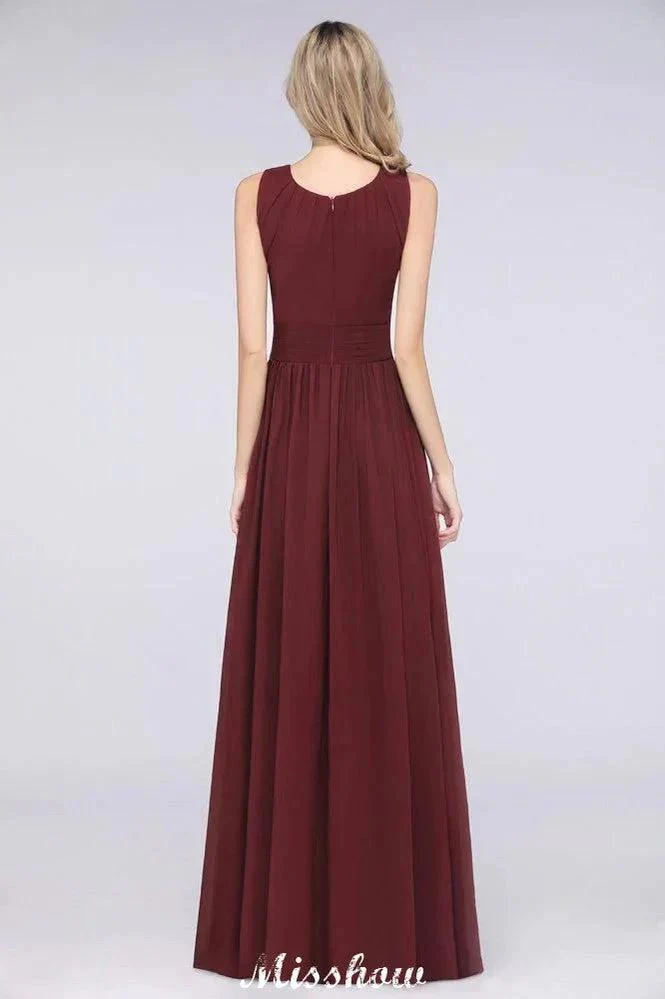 Round-Neck Floor-Length Ruffles Chiffon Bridesmaid Dress Aline Sleeveless Maid of Honor Dress - Image 2