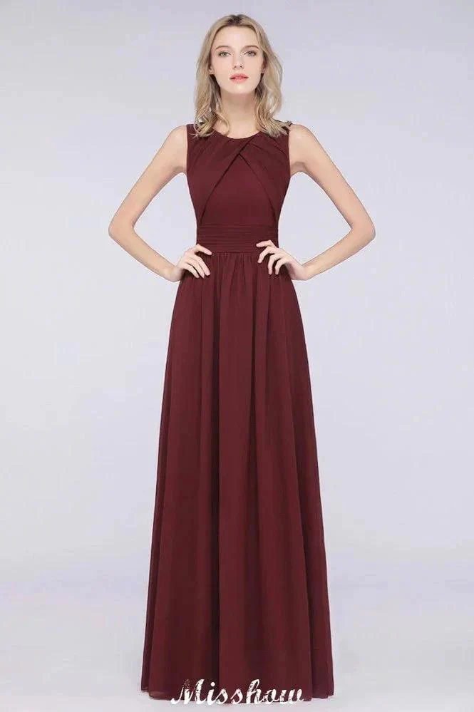 Round-Neck Floor-Length Ruffles Chiffon Bridesmaid Dress Aline Sleeveless Maid of Honor Dress - Image 3
