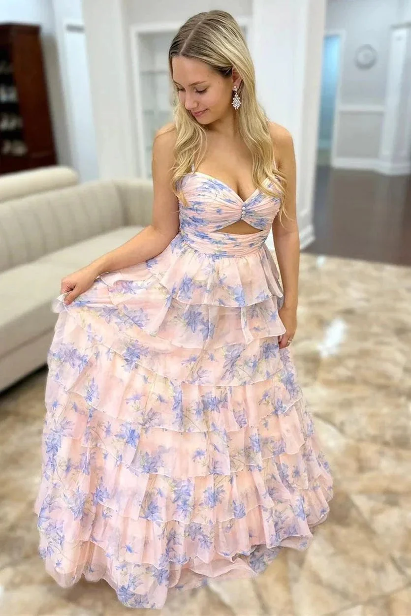 Roxana | Floral Print Cutout Tiered A-Line Long Dress With Ruffles - Image 2