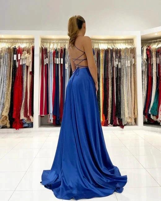 Royal Blue A-line Backless Long Prom Dresses - Image 2