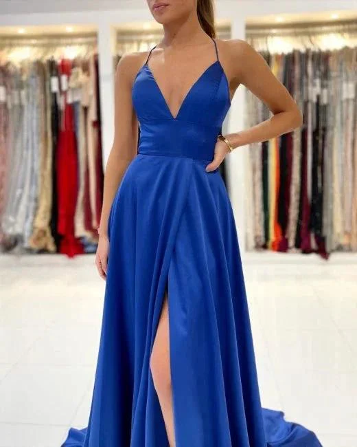 Royal Blue A-line Backless Long Prom Dresses - Image 3