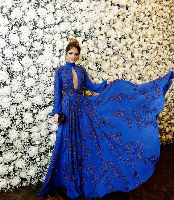 Royal Blue A-line Evening Dress Long Sleeve Glam Dress Y5347 - Image 2
