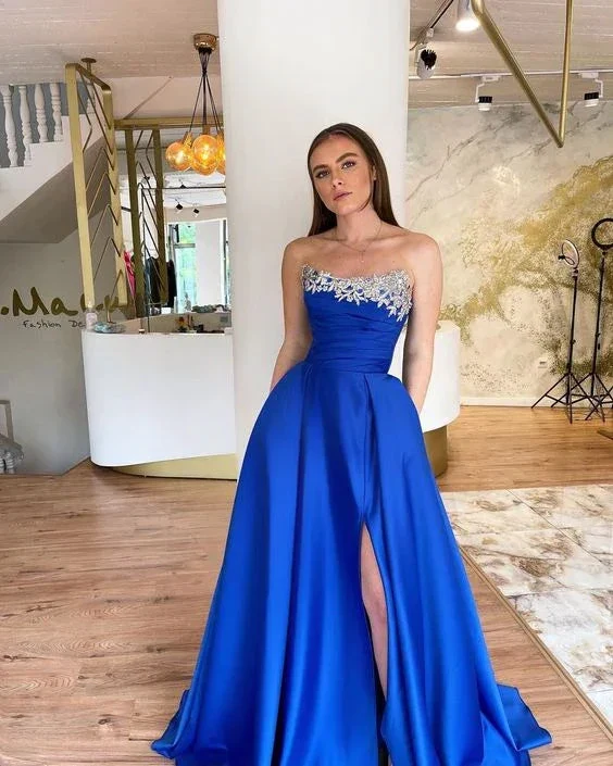Royal Blue A-line High Slit Prom Dress Royal Blue Evening Dress Y6221 - Image 2