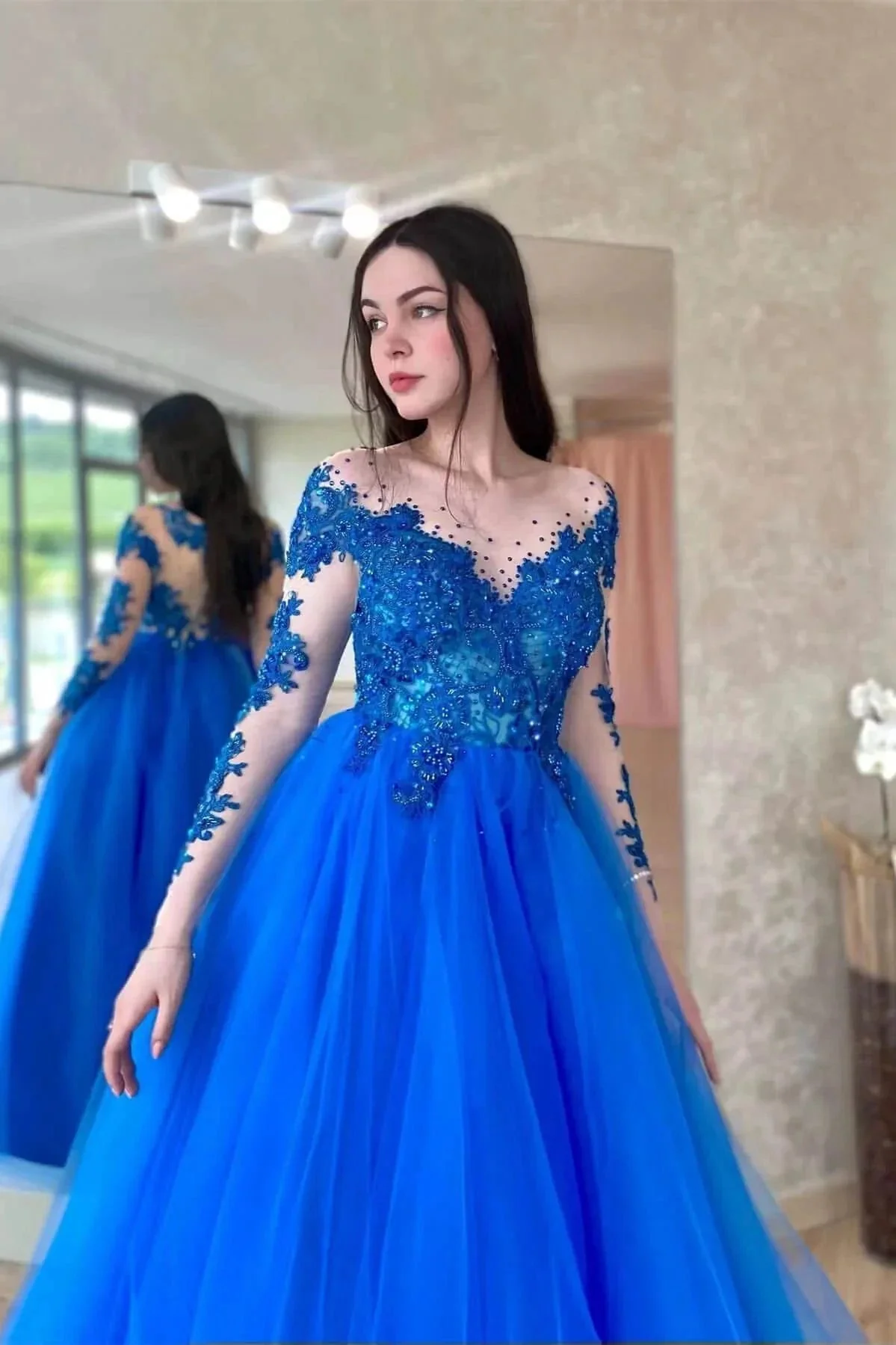 Royal Blue Appliqued Tulle Prom Dress with Long Sleeves - Image 2