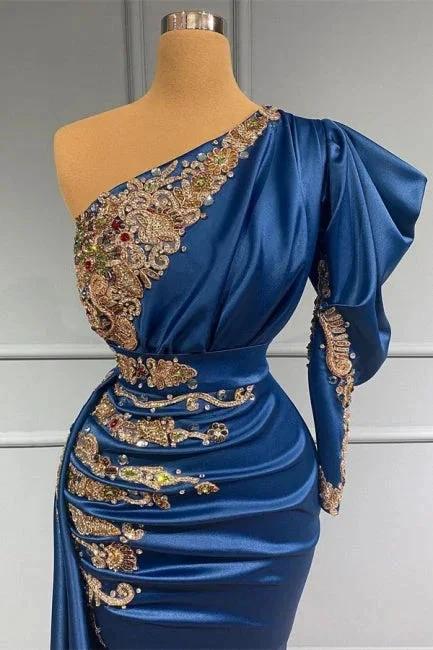 Royal Blue Asymmetric One Shoulder Stretch Satin Prom Dress with Appliques - Image 2